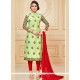 Haute Green And Red Chanderi Cotton Churidar Suit