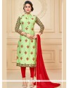 Haute Green And Red Chanderi Cotton Churidar Suit