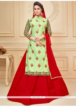 Strange Green And Red Embroidered Work Chanderi Cotton Long Choli Lehenga