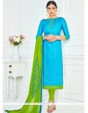 Orphic Lace Work Cotton Blue And Green Churidar Suit