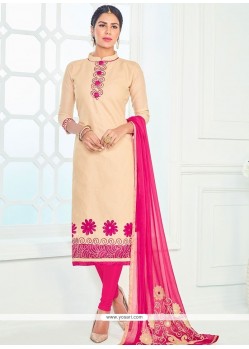 Sightly Beige And Hot Pink Cotton Churidar Suit