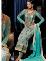 Cream And Blue Banarasi Silk Punjabi Suits