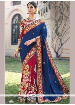 Dazzling Navy Blue And Red Patch Border Work Designer Bridal Sarees