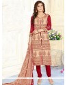 Phenomenal Cotton Beige And Red Print Work Churidar Suit