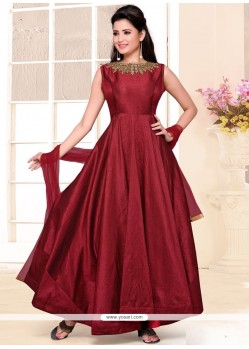 Peppy Maroon Plain Work Raw Silk Anarkali Salwar Suit