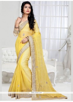 Jazzy Embroidered Work Yellow Shimmer Georgette Designer Saree