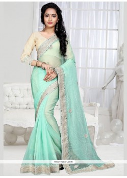 Appealing Embroidered Work Sea Green Shimmer Georgette Designer Saree