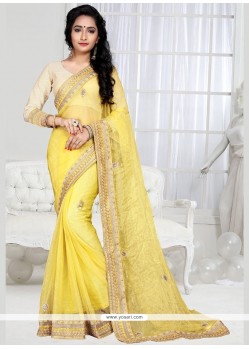 Whimsical Yellow Patch Border Work Shimmer Georgette Designer Saree