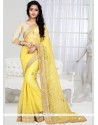 Whimsical Yellow Patch Border Work Shimmer Georgette Designer Saree