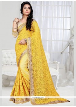 Majesty Yellow Embroidered Work Shimmer Georgette Designer Saree