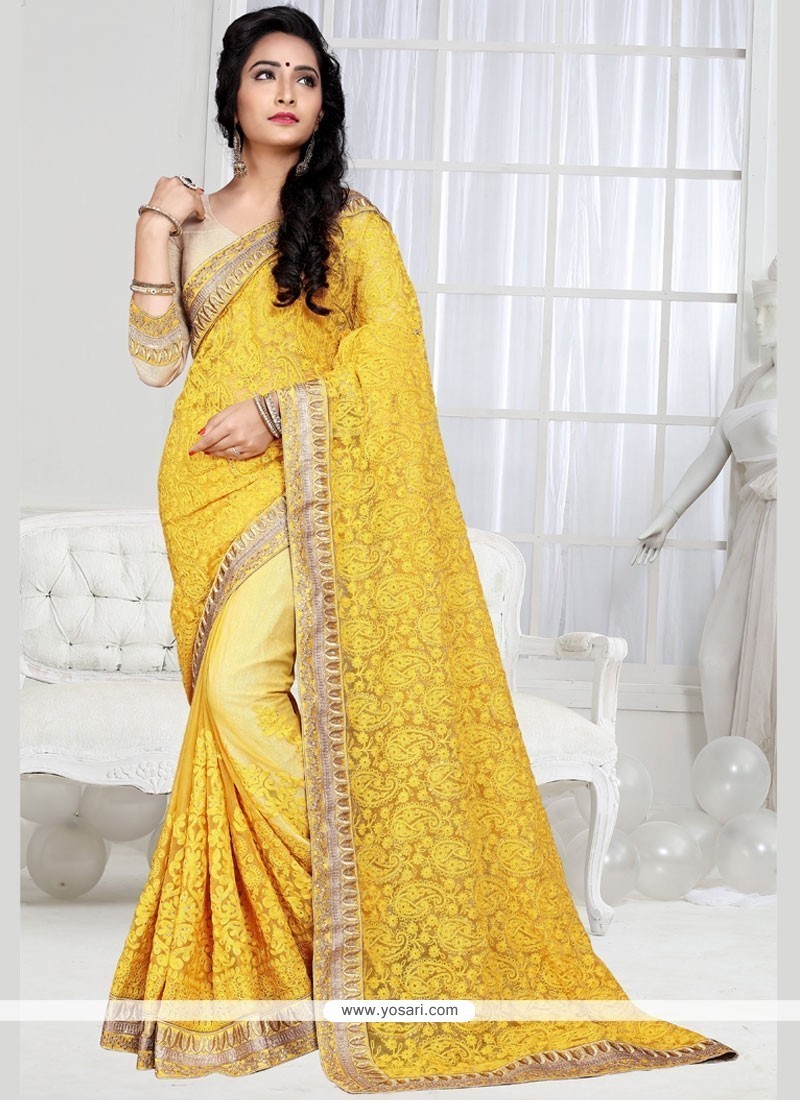 Buy Majesty Yellow Embroidered Work Shimmer Georgette Designer Saree ...