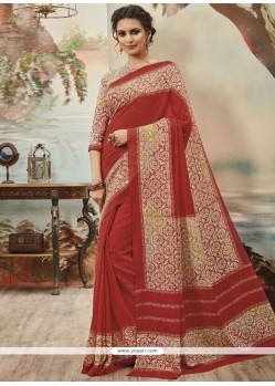 Print Art Silk Casual Saree In Cream And Red