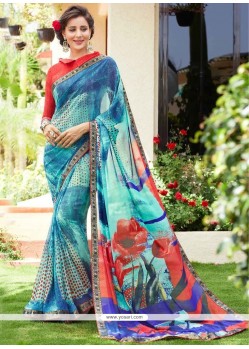 Stupendous Blue Print Work Casual Saree