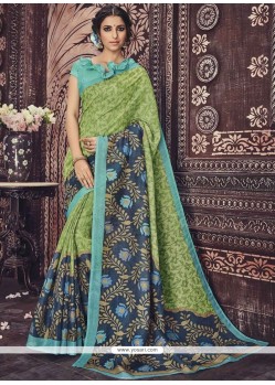 Print Art Silk Casual Saree In Blue And Green