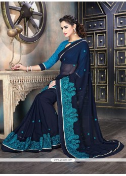 Dignified Blue Patch Border Work Designer Saree