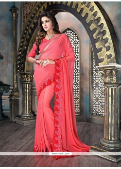 Exceptional Embroidered Work Pink Designer Saree