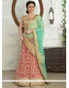 Embroidered Net A Line Lehenga Choli In Blue And Pink