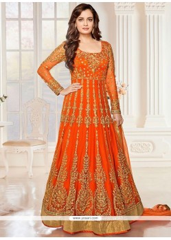 Unique Embroidered Work Orange Net Anarkali Salwar Suit
