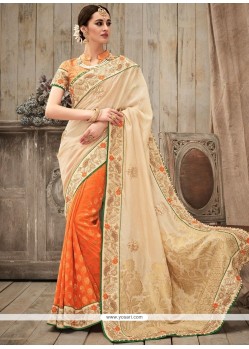 Divine Beige And Orange Resham Work Art Silk Designer Half N Half Saree