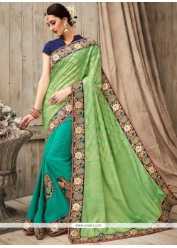 Modish Patch Border Work Blue And Sea Green Fancy Fabric Designer Half N Half Saree