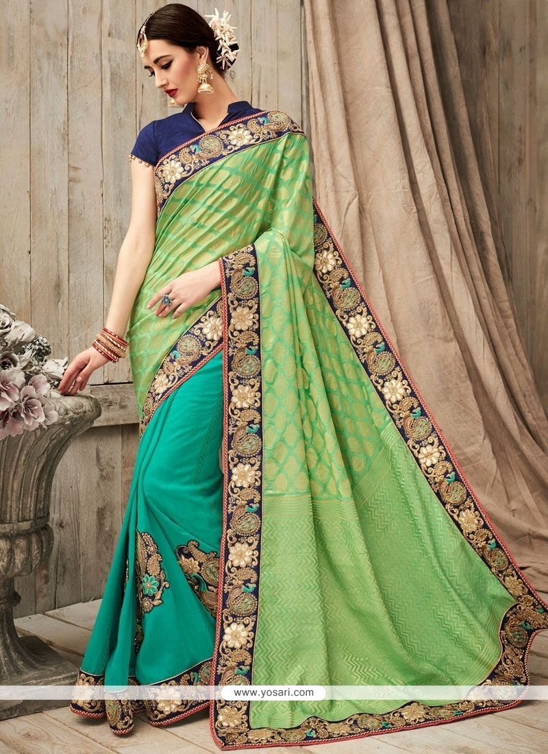 Buy Modish Patch Border Work Blue And Sea Green Fancy Fabric Designer ...