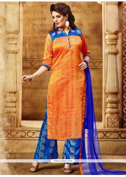 Catchy Print Work Banarasi Silk Blue And Orange Designer Palazzo Salwar Kameez