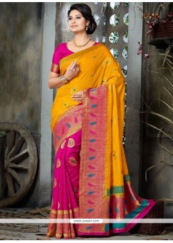 Perfect Art Silk Hot Pink And Yellow Traditional Saree