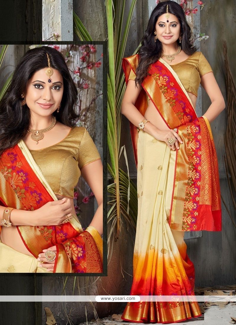 Buy Vivid Art Silk Cream Weaving Work Designer Traditional Saree ...