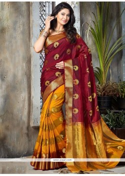 Excellent Art Silk Maroon And Yellow Traditional Designer Saree