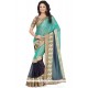 Immaculate Navy Blue And Sea Green Patch Border Work Lycra Saree