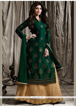 Shilpa Shetty Patch Border Work Beige And Green Long Choli Lehenga