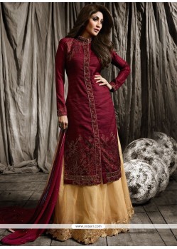 Shilpa Shetty Beige And Maroon Embroidered Work Long Choli Lehenga