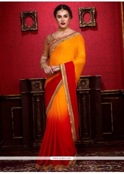 Wonderous Orange And Red Sequins Work Faux Crepe Shaded Saree