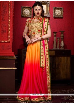 Dainty Faux Chiffon Hot Pink And Orange Embroidered Work Shaded Saree