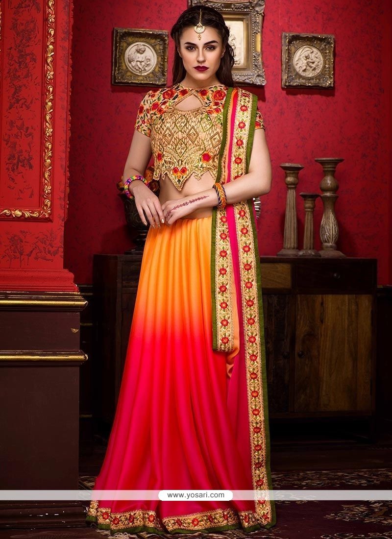 Buy Dainty Faux Chiffon Hot Pink And Orange Embroidered Work Shaded ...