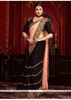 Radiant Faux Chiffon Black And Peach Designer Half N Half Saree