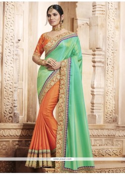 Baronial Art Silk Orange And Sea Green Embroidered Work Designer Half N Half Saree