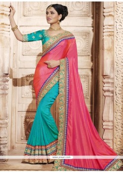 Mesmerizing Art Silk Blue And Rose Pink Half N Half Saree