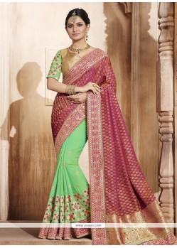 Dazzling Jacquard Silk Green And Magenta Patch Border Work Half N Half Designer Saree