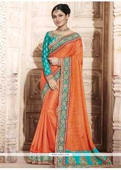 Snazzy Orange Embroidered Work Handloom Silk Designer Traditional Saree