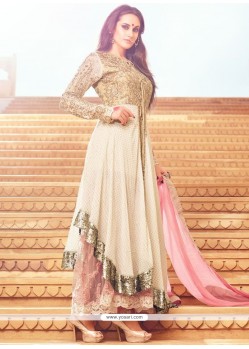 Riveting Art Silk Cream And Pink Resham Work Anarkali Salwar Suit