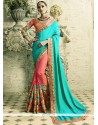 Flattering Crepe Silk Pink And Turquoise Patch Border Work Half N Half Saree