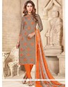 Cherubic Embroidered Work Chanderi Cotton Beige And Orange Churidar Suit
