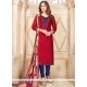 Sightly Navy Blue And Red Chanderi Cotton Churidar Suit