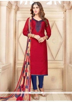 Sightly Navy Blue And Red Chanderi Cotton Churidar Suit