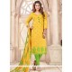 Stylish Green And Yellow Print Work Chanderi Cotton Churidar Suit