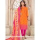Modernistic Print Work Chanderi Cotton Hot Pink And Orange Churidar Suit