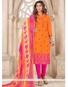 Modernistic Print Work Chanderi Cotton Hot Pink And Orange Churidar Suit