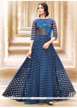 Glossy Embroidered Work Satin Navy Blue Readymade Gown