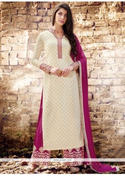 Girlish Embroidered Work Magenta And Off White Faux Georgette Designer Palazzo Suit